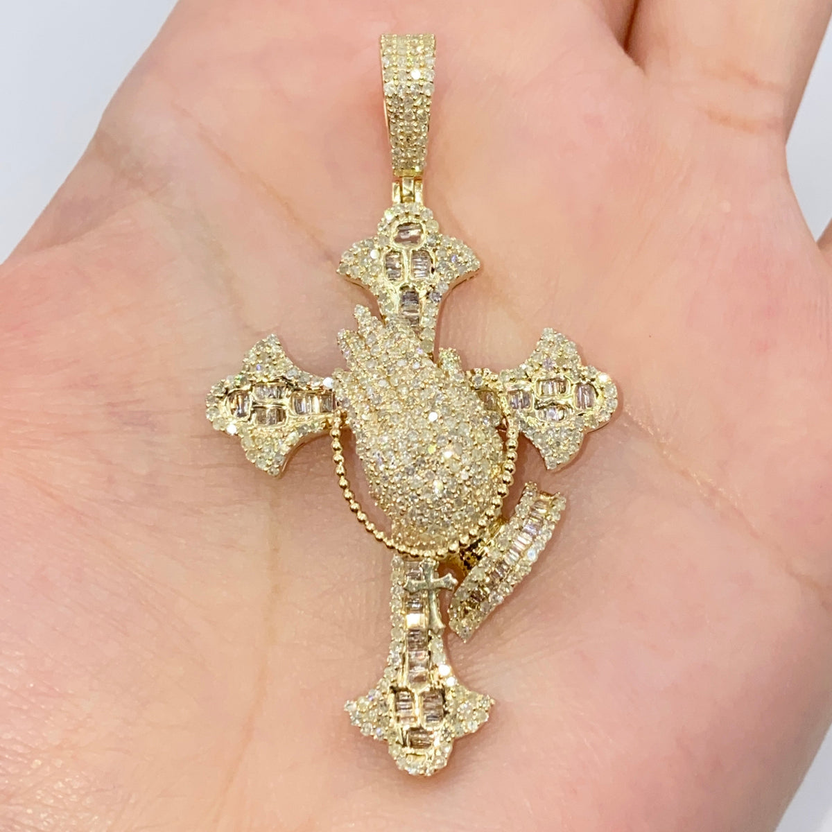 10K Gold Prayer Cross Diamond Baguette Pendant in yellow gold - close-up product photo