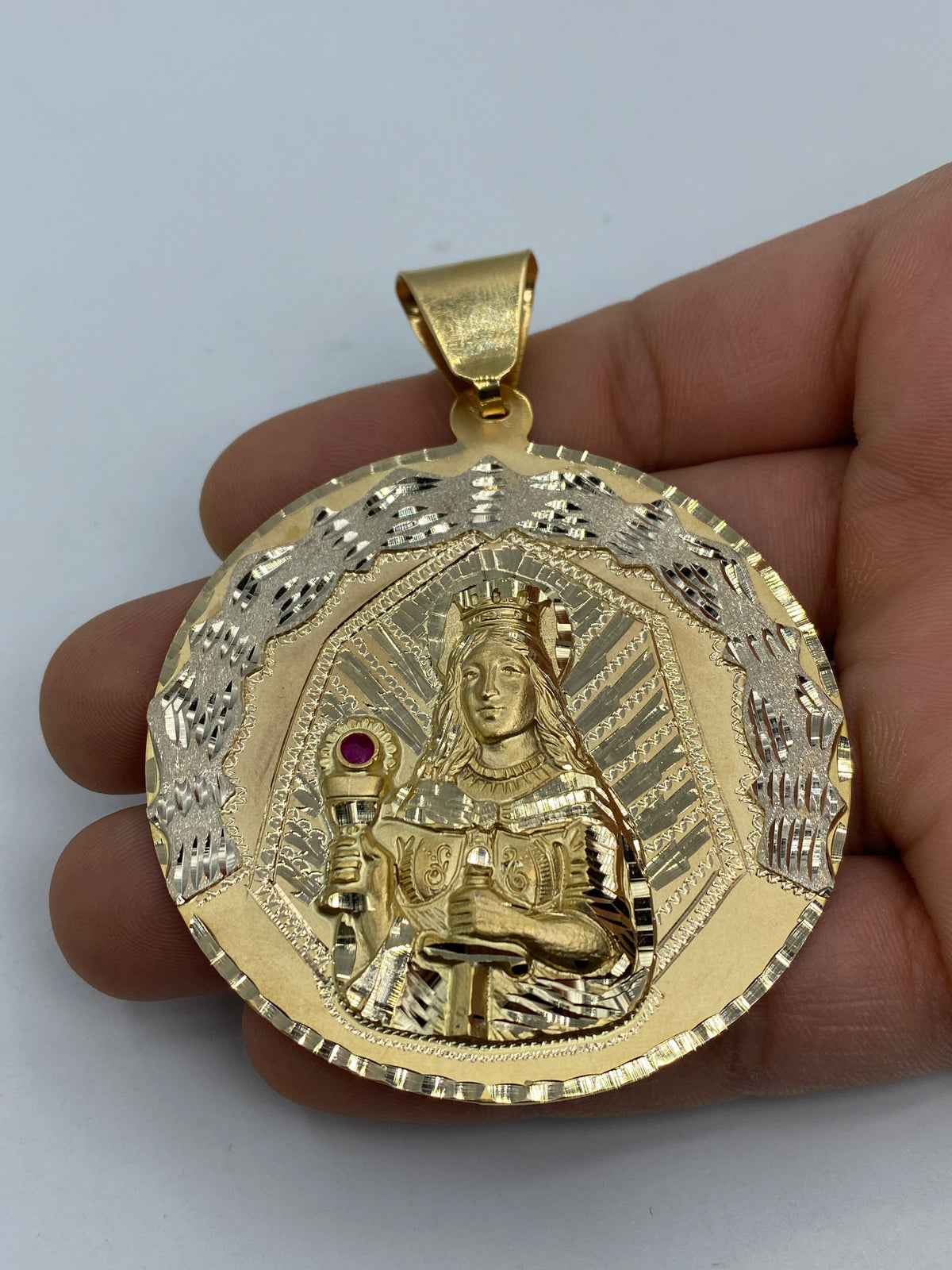 14K Gold Saint Barbara Round Medallion Pendant 3.25 in - additional product view 6