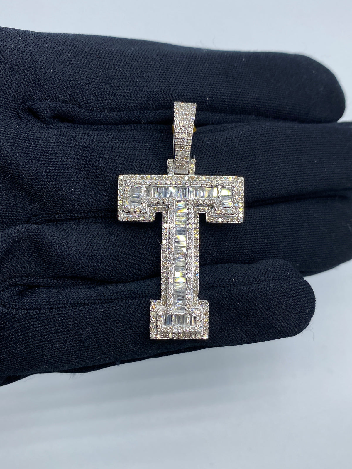 Initial T Baguette Diamond Pendant in white - close-up product photo