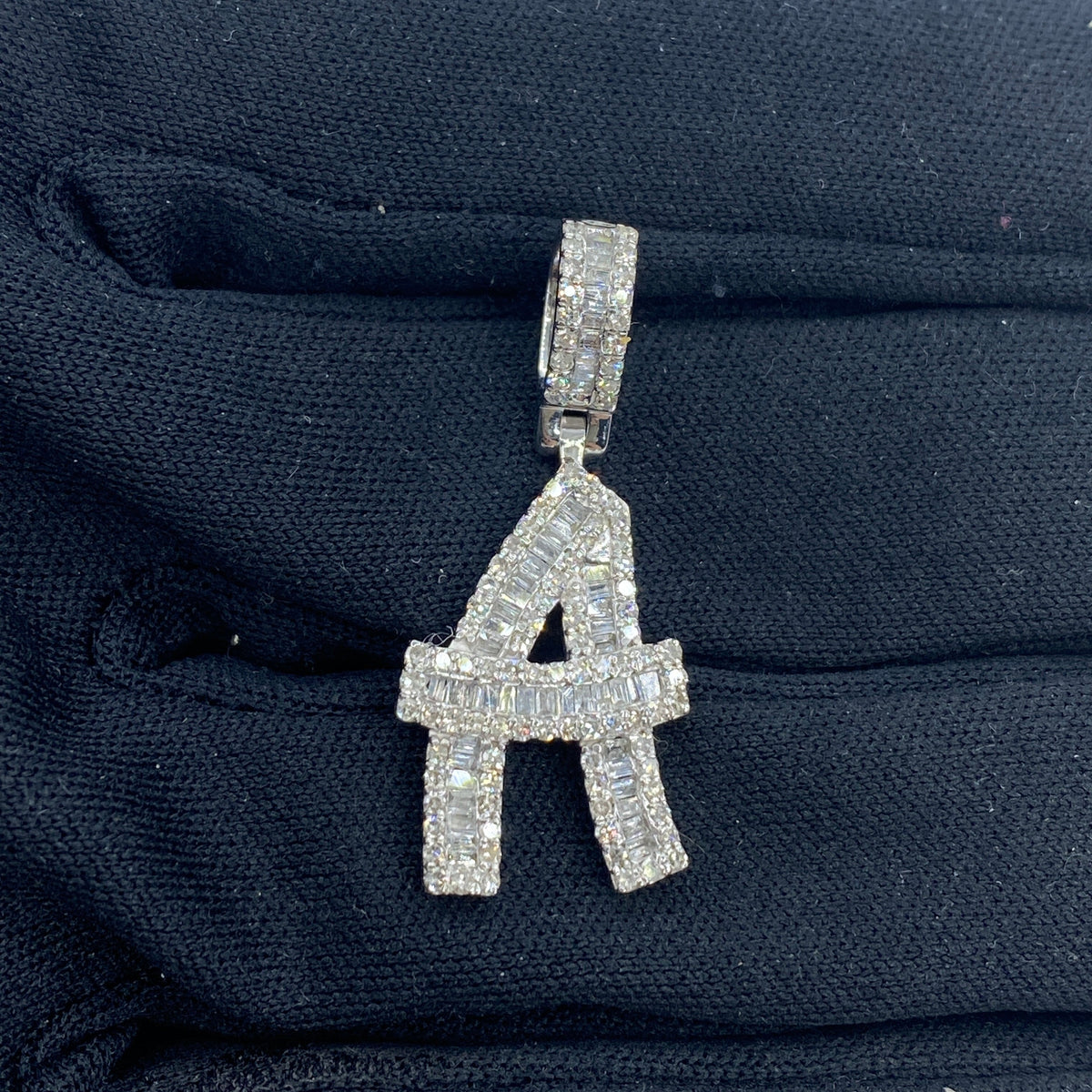 14K Gold Initial A Diamond Baguette Pendant in white gold, Small - close-up product photo