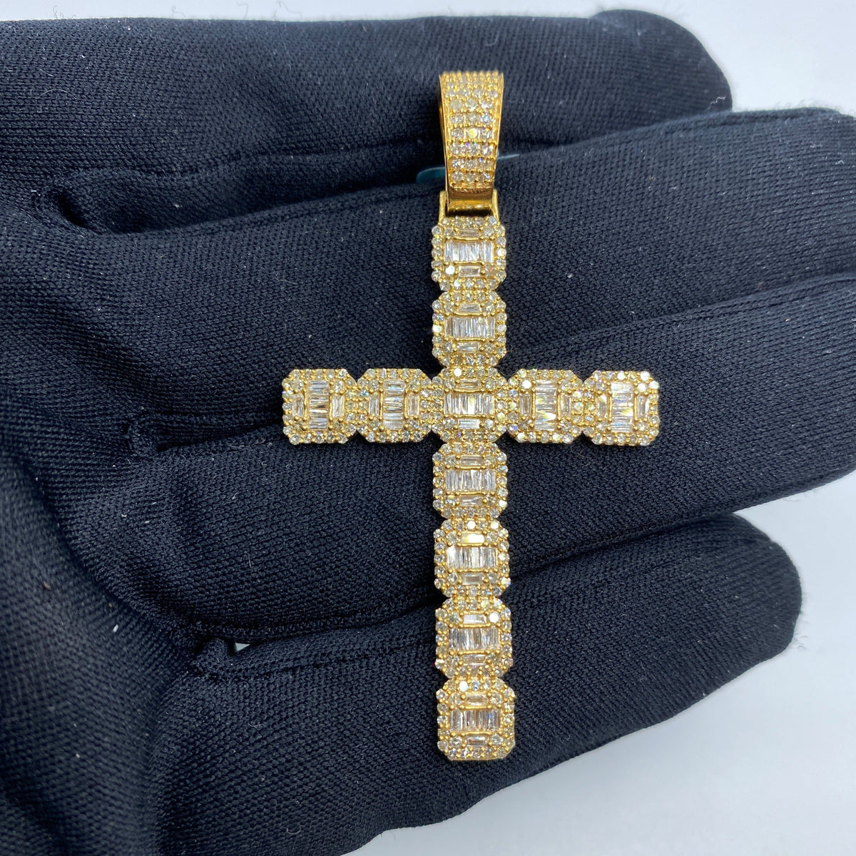 14K Gold Square Cross Diamond Baguette Pendant in yellow gold - close-up product photo