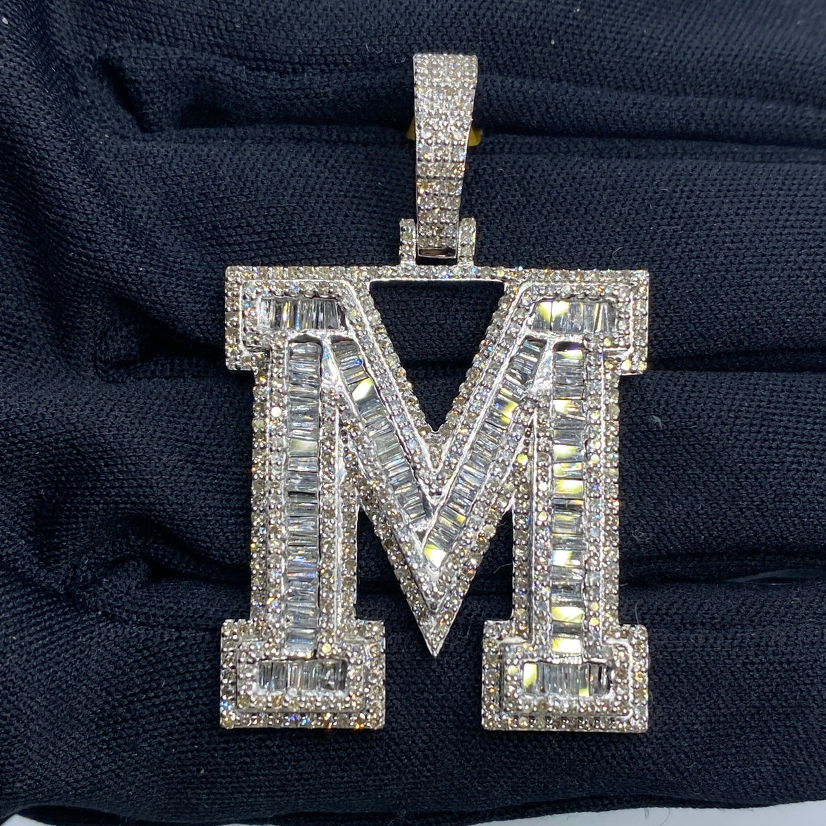 Initial M Baguette Diamond Pendant in white - close-up product photo