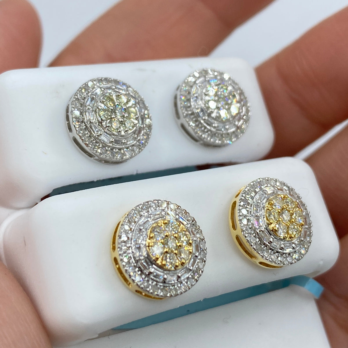 14K Gold Jumbo Circle Flower Halo Diamond Baguette Earrings - additional product view 4