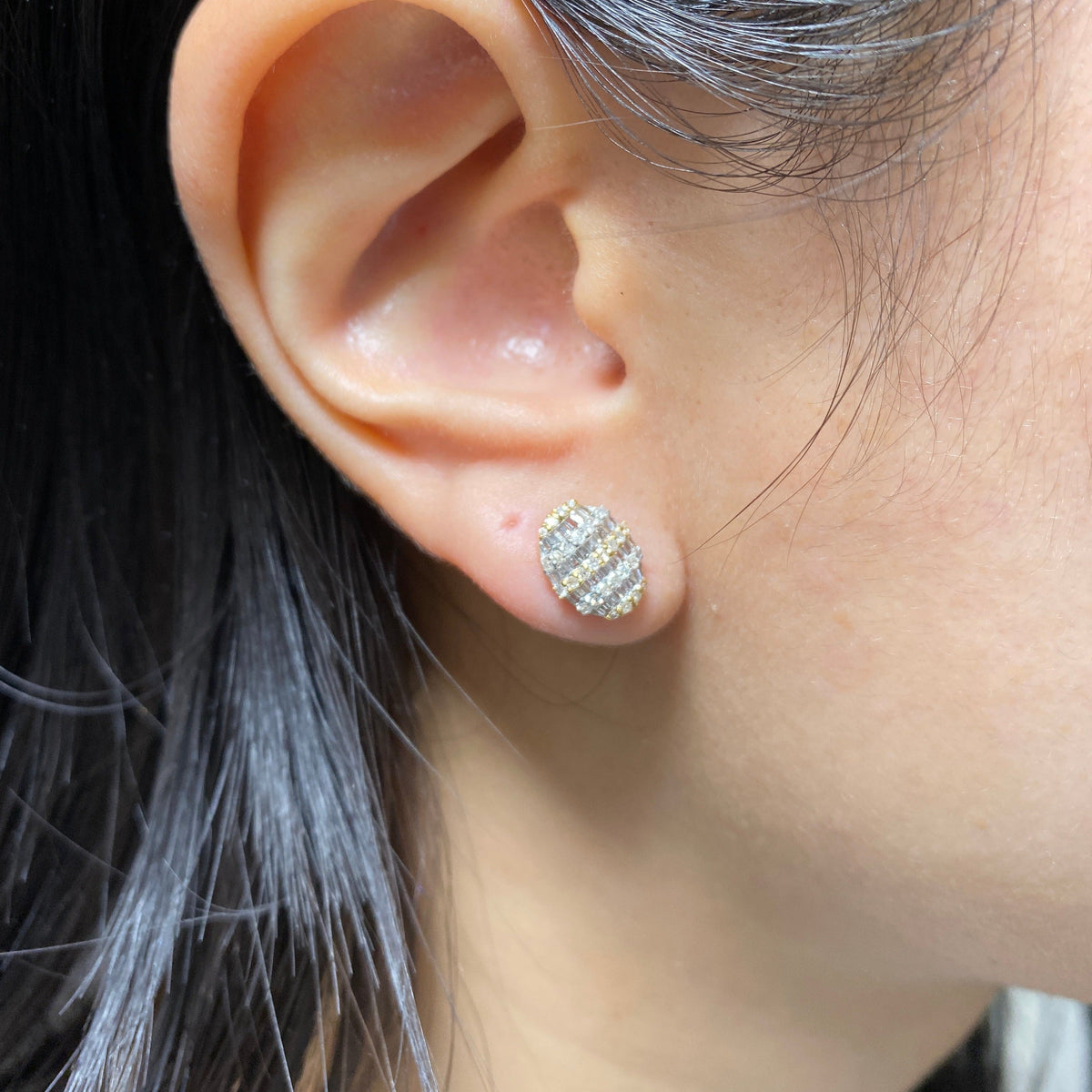 14K Gold Large Oval Stacked Diamond Baguette Earrings - additional product view 3