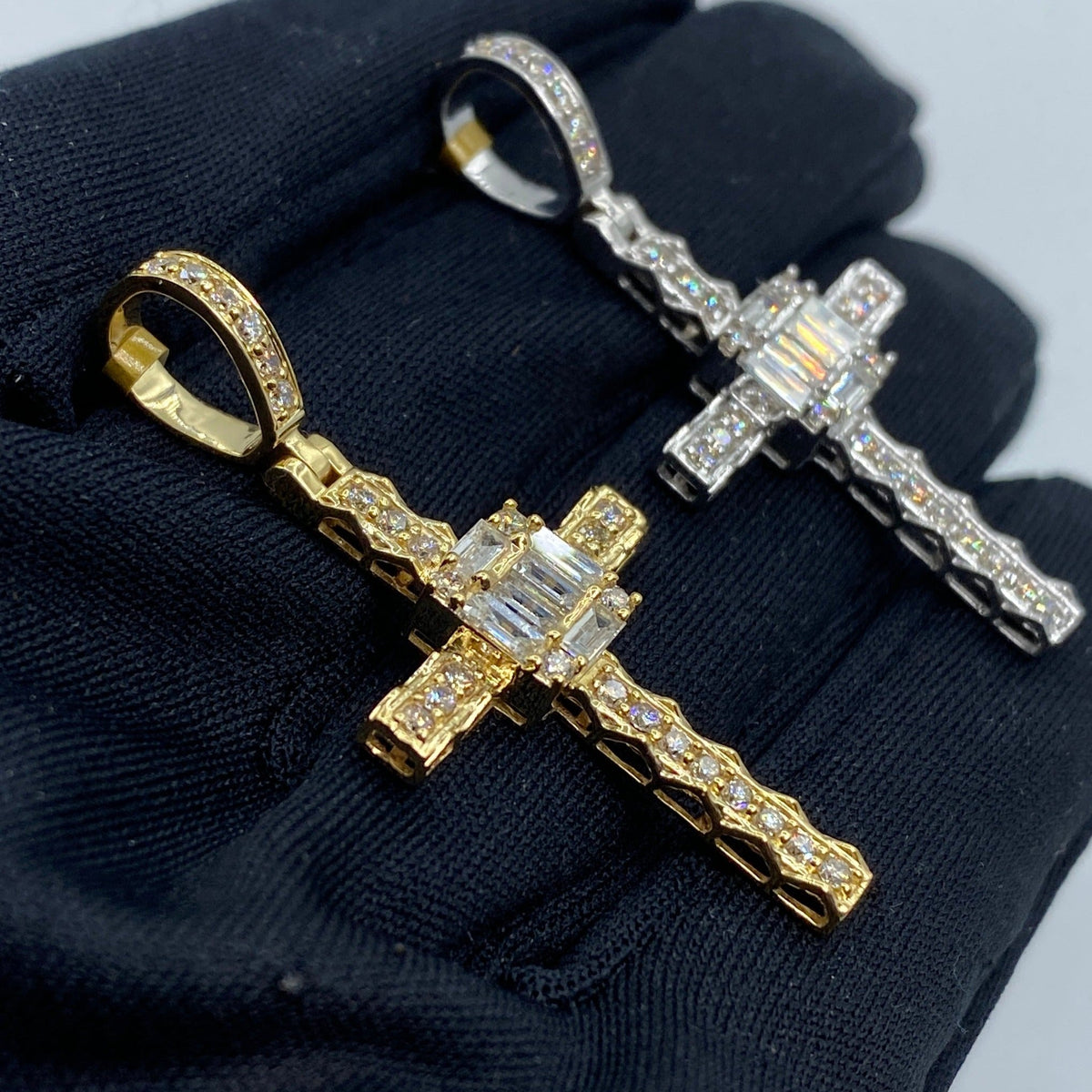 10K Gold Budded Cross Square Diamond Baguette Pendant - additional product view 5