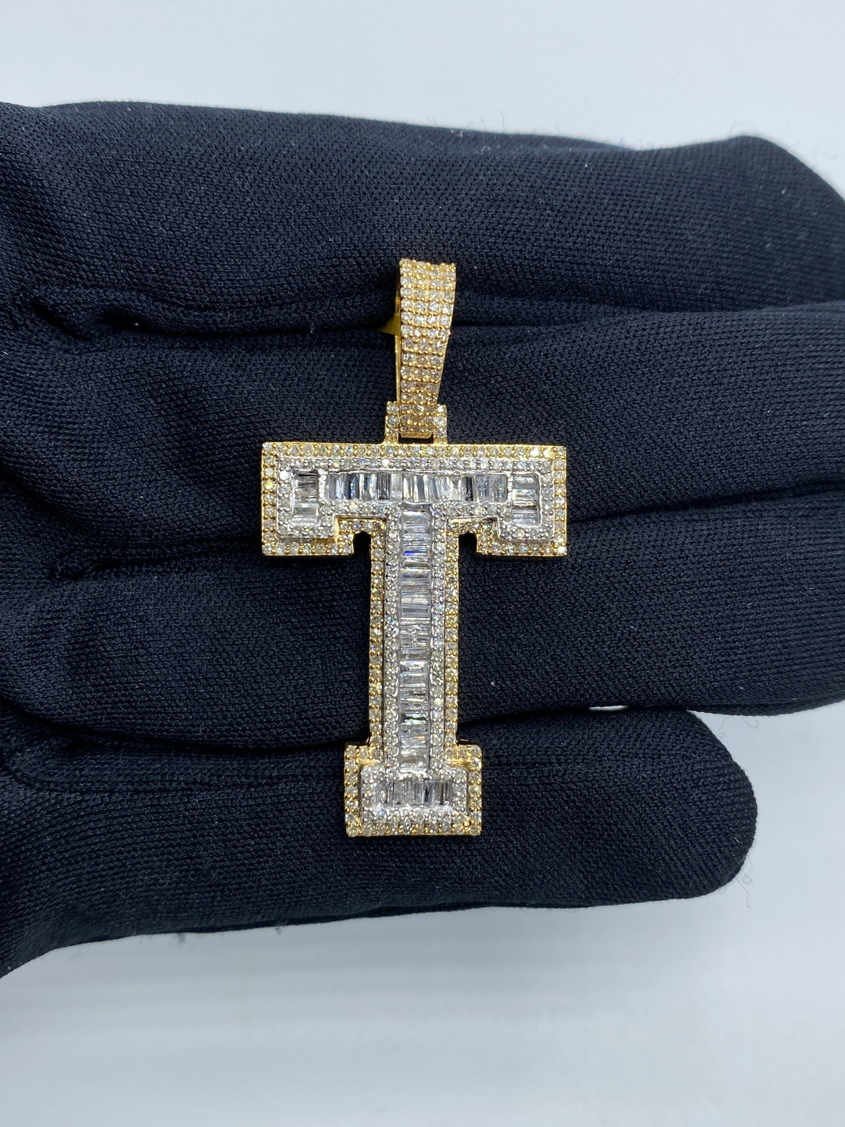 Initial T Baguette Diamond Pendant in yellow - close-up product photo