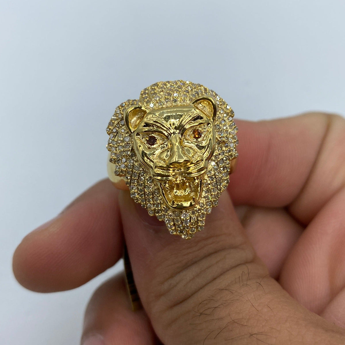 10K Gold Jeweled Lion Diamond Ring in yellow gold - close-up product photo