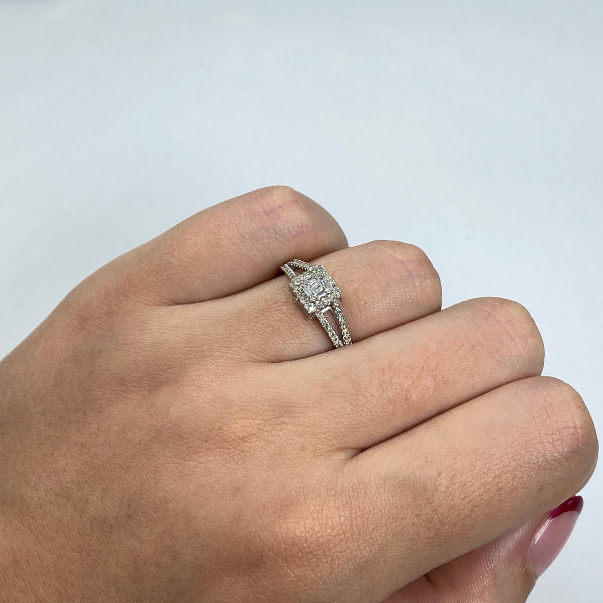 14K Gold Baguette Diamond Square Engagement Ring in white gold - close-up product photo