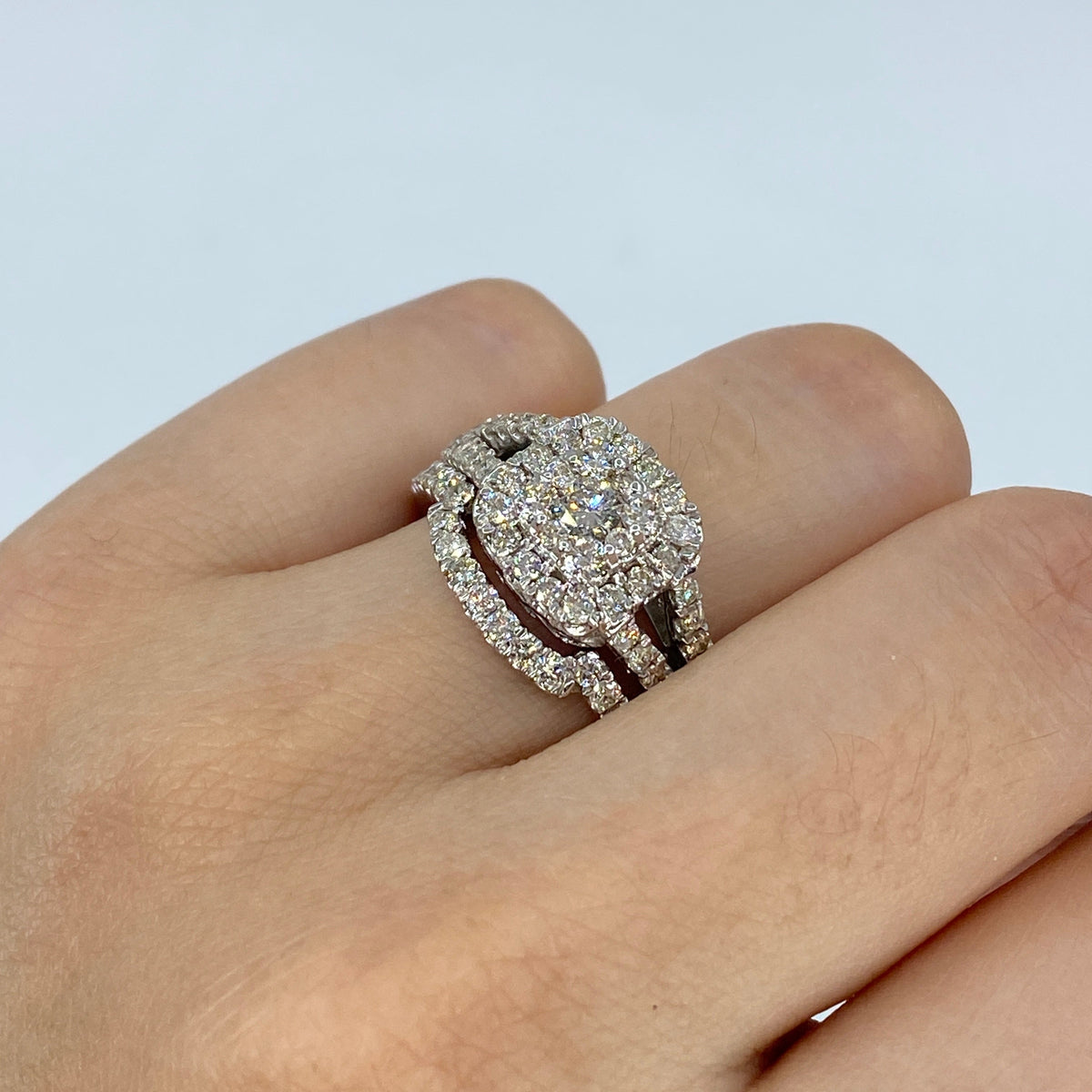 14K Gold Square Halo Diamond Engagement Ring with Stack Band in white gold - close-up product photo