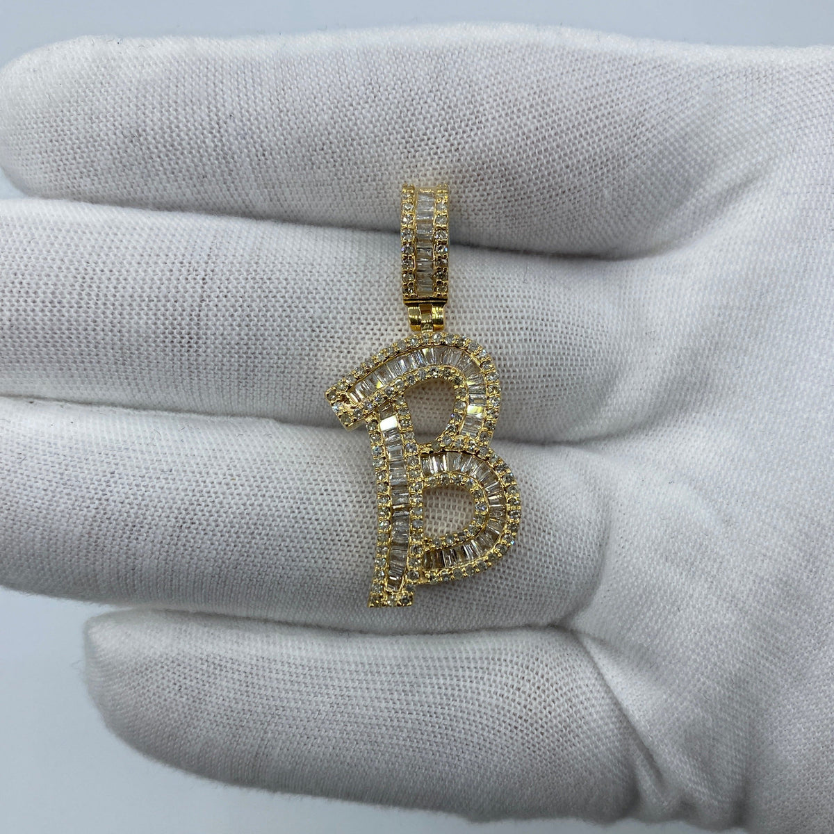 14K Gold Initial B Diamond Baguette Pendant in yellow gold, Large - close-up product photo