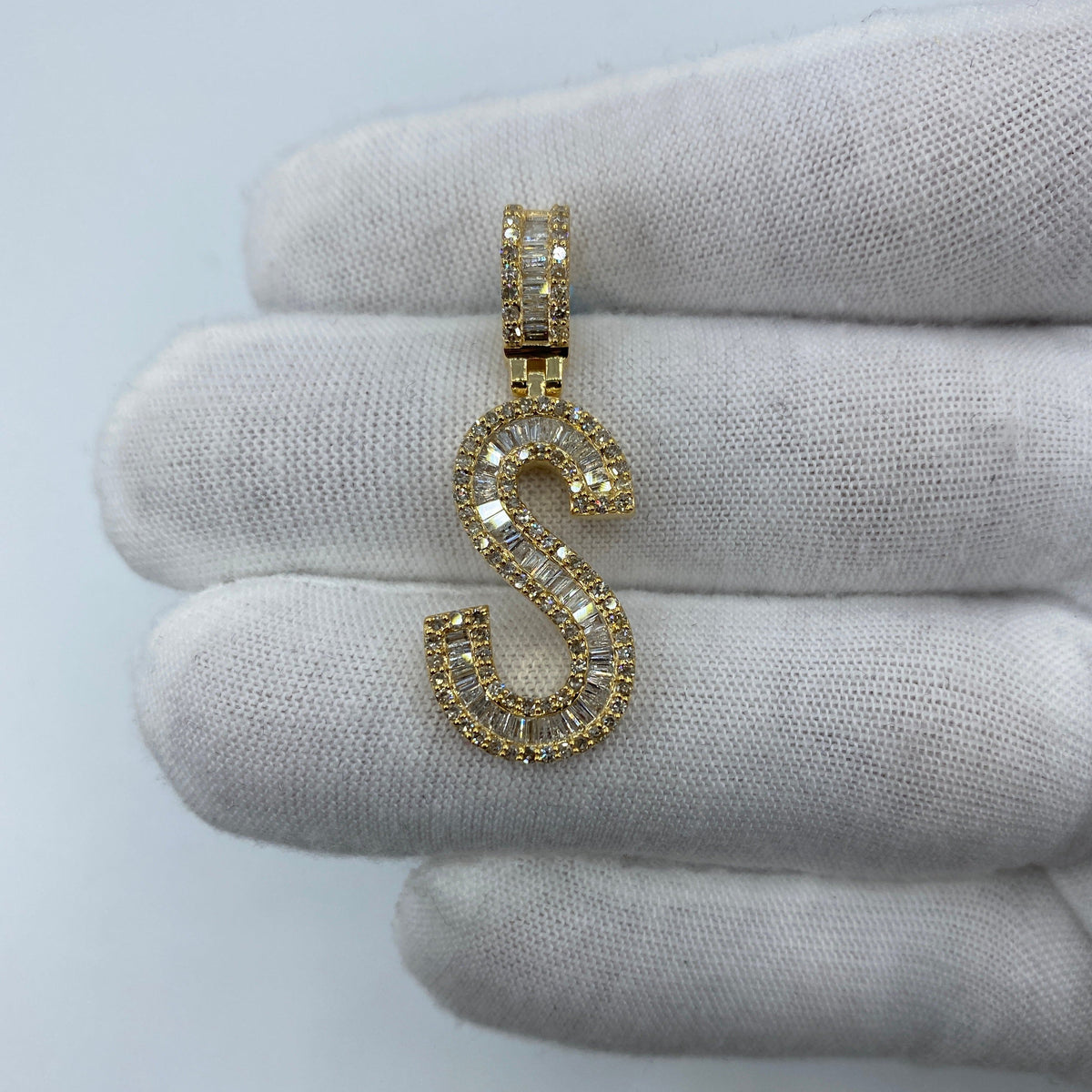 14K Gold Initial S Diamond Baguette Pendant in yellow gold, Large - close-up product photo