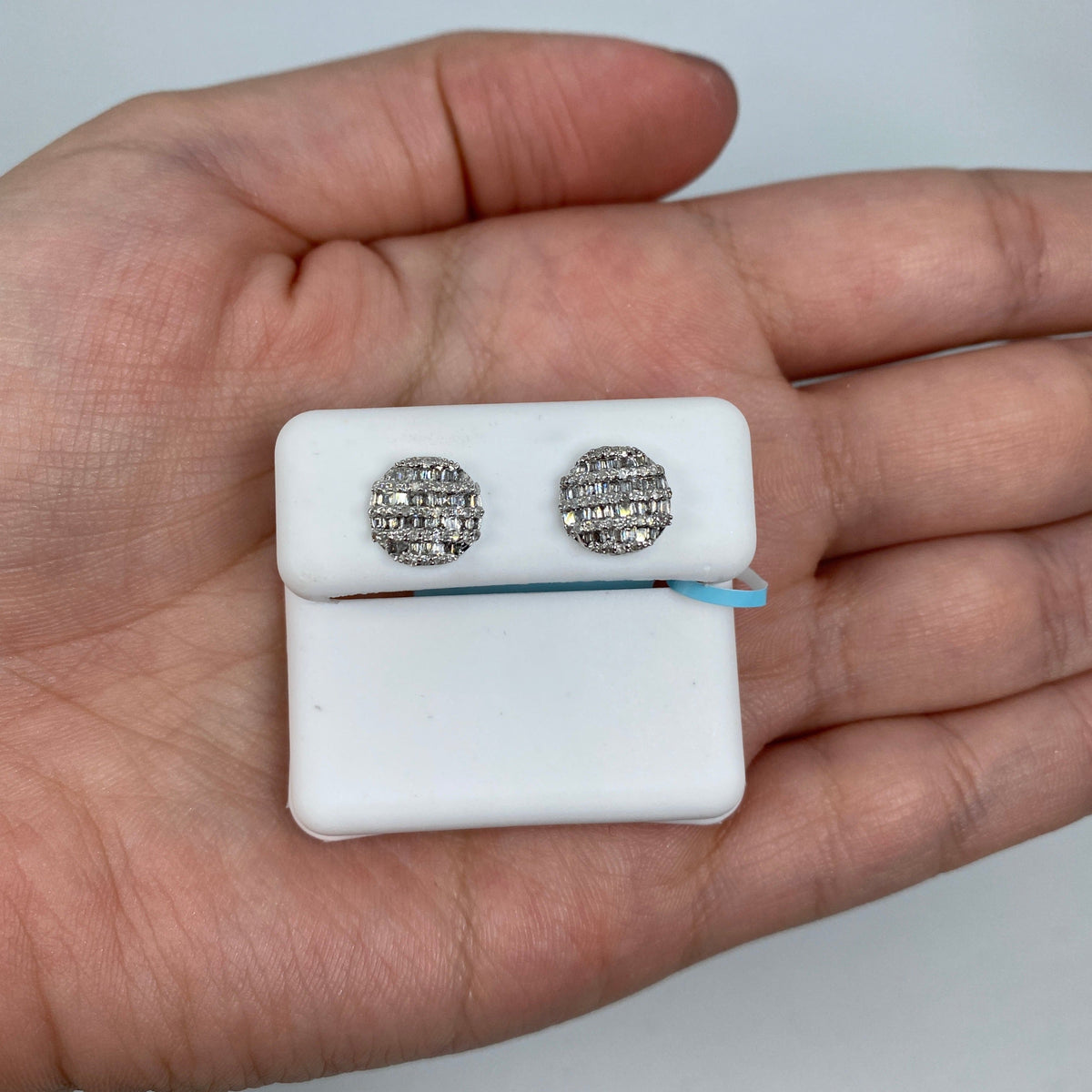14K Gold Circle Stacked Diamond Baguette Earrings in white gold - close-up product photo