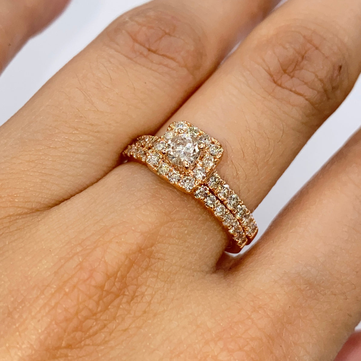 14K Gold Marilyn Square Halo Stack Diamond Engagement Ring in rose gold - close-up product photo