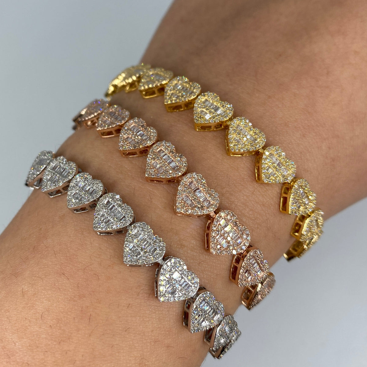 14K Gold 9mm Hearts Link Diamond Baguette Bracelet 6.5–7.5 in - additional product view 7