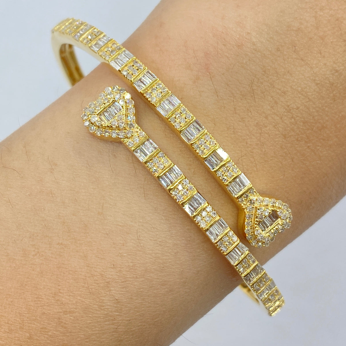 10K Gold/14K Heart Diamond Baguette Bangle Bracelet in yellow gold, 10K - close-up product photo