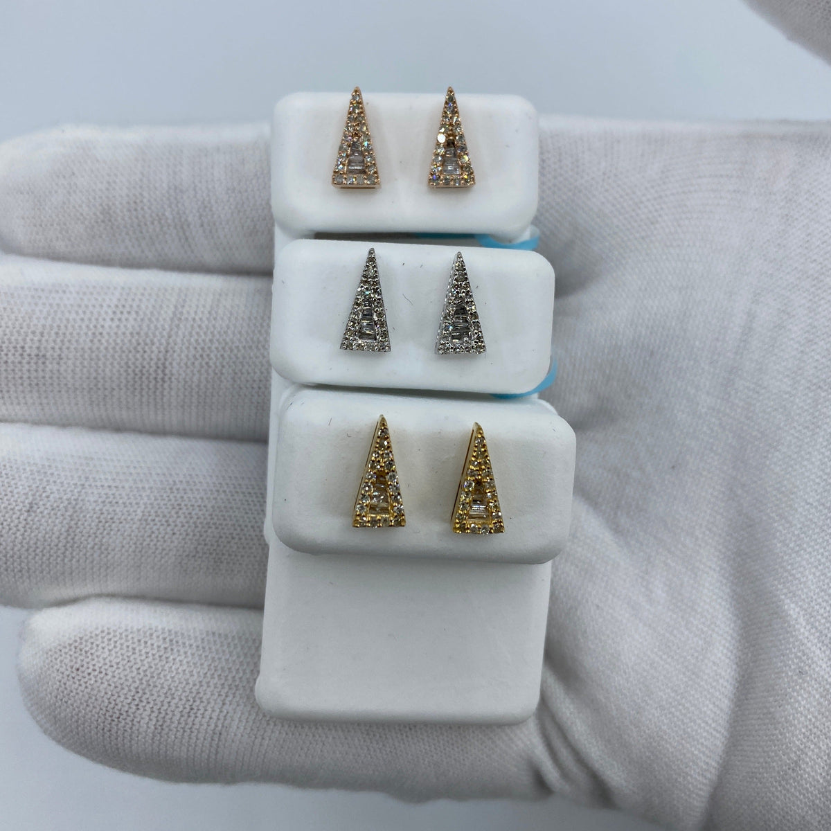 14K Gold Large Isosceles Triangle Diamond Baguette Earrings - additional product view 2