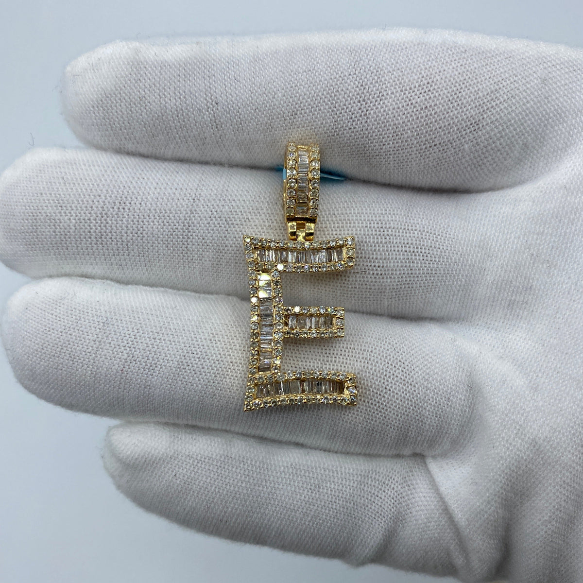 14K Gold Initial E Diamond Baguette Pendant in yellow gold, Large - close-up product photo