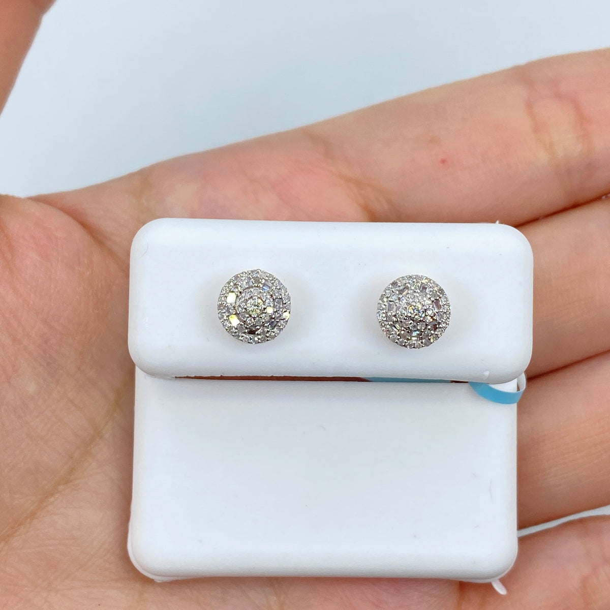 14K Gold 3D Circle Halo Diamond Baguette Earrings in rose gold - close-up product photo