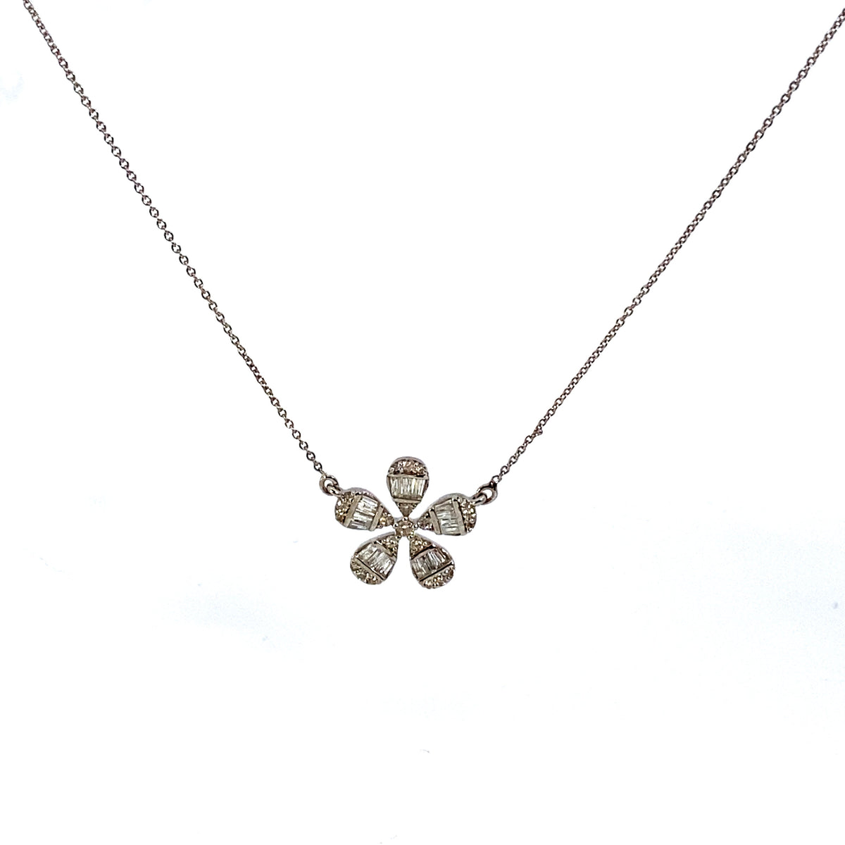 14K Gold Daisy Flower Diamond Baguette Necklace in white gold - close-up product photo
