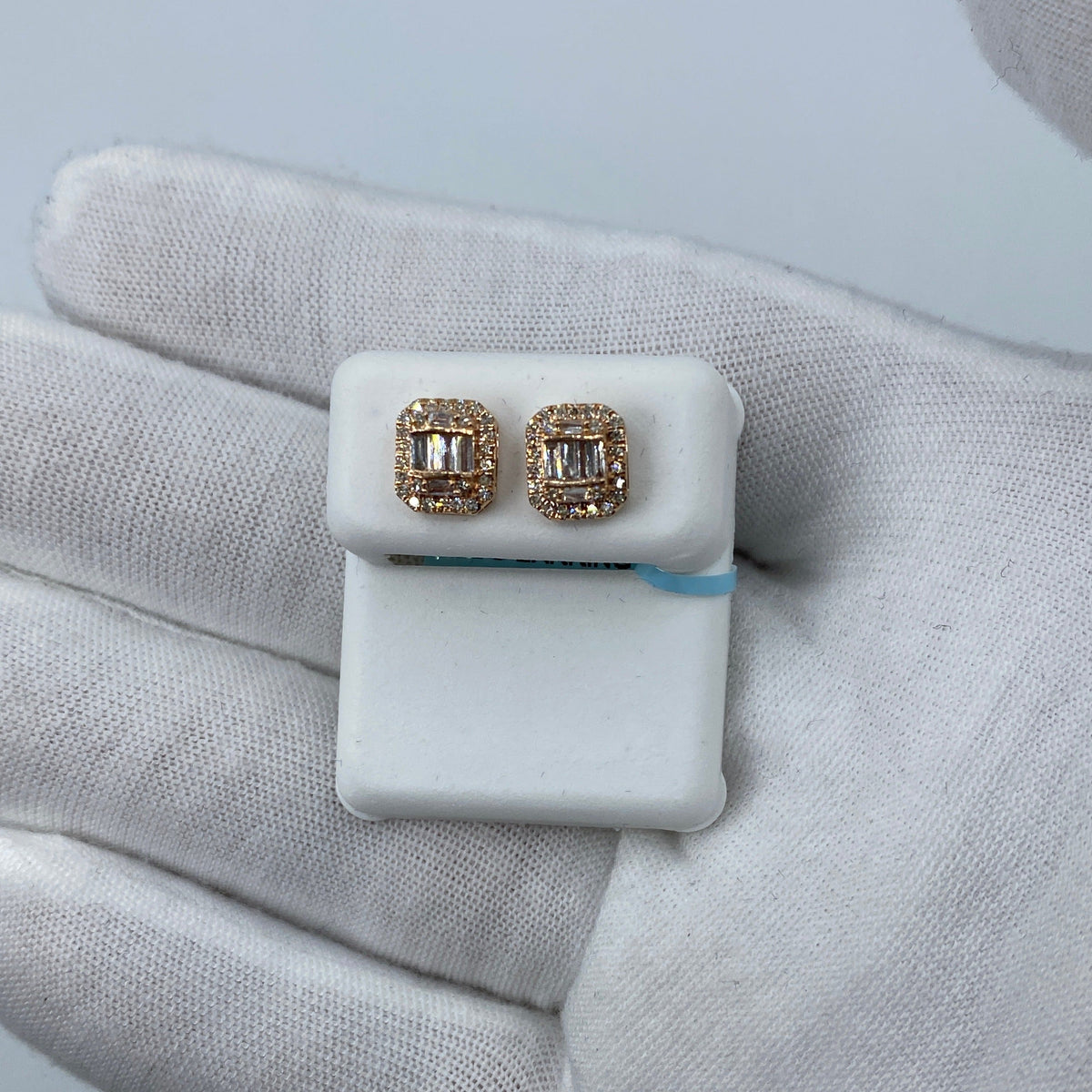 14K Gold Large Rectangle Halo Diamond Baguette Earrings in rose gold - close-up product photo