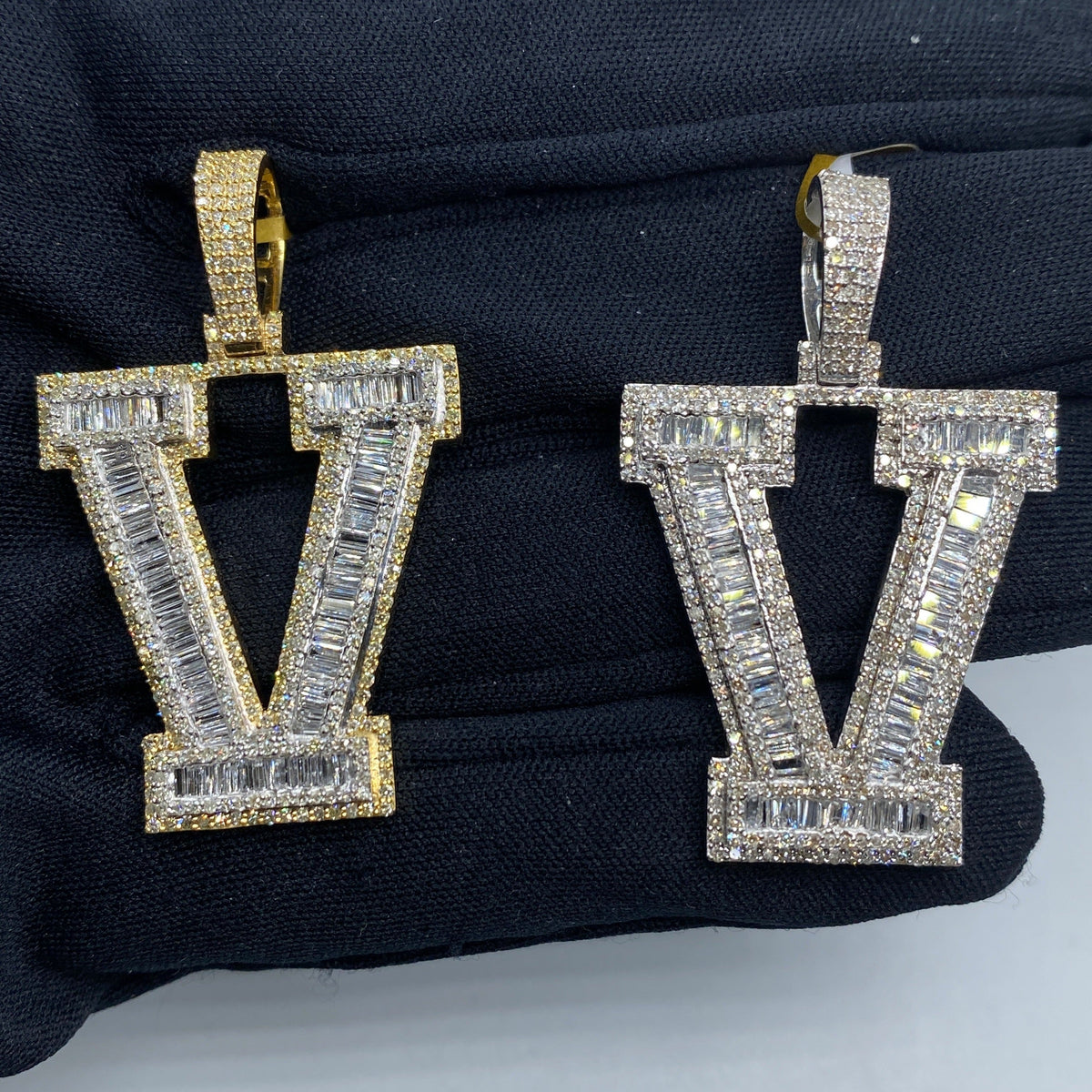 10K Gold Varsity Initial Letter Diamond Baguette Pendants Full Collection in yellow gold - close-up product photo