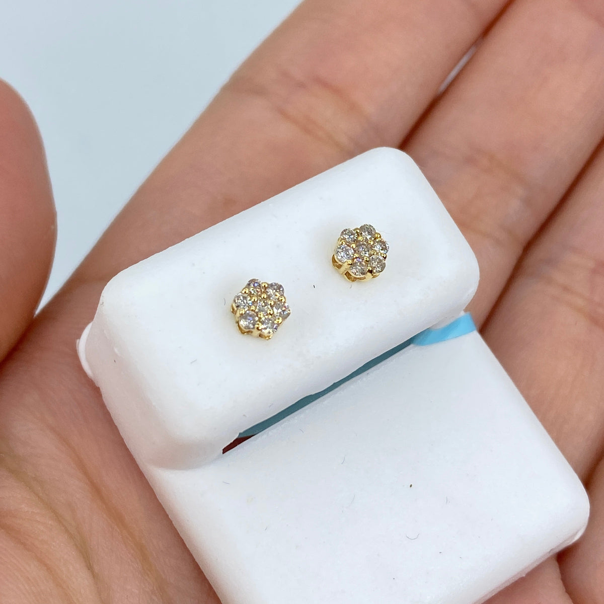 14K Gold Flower Diamond Earrings in yellow gold - close-up product photo