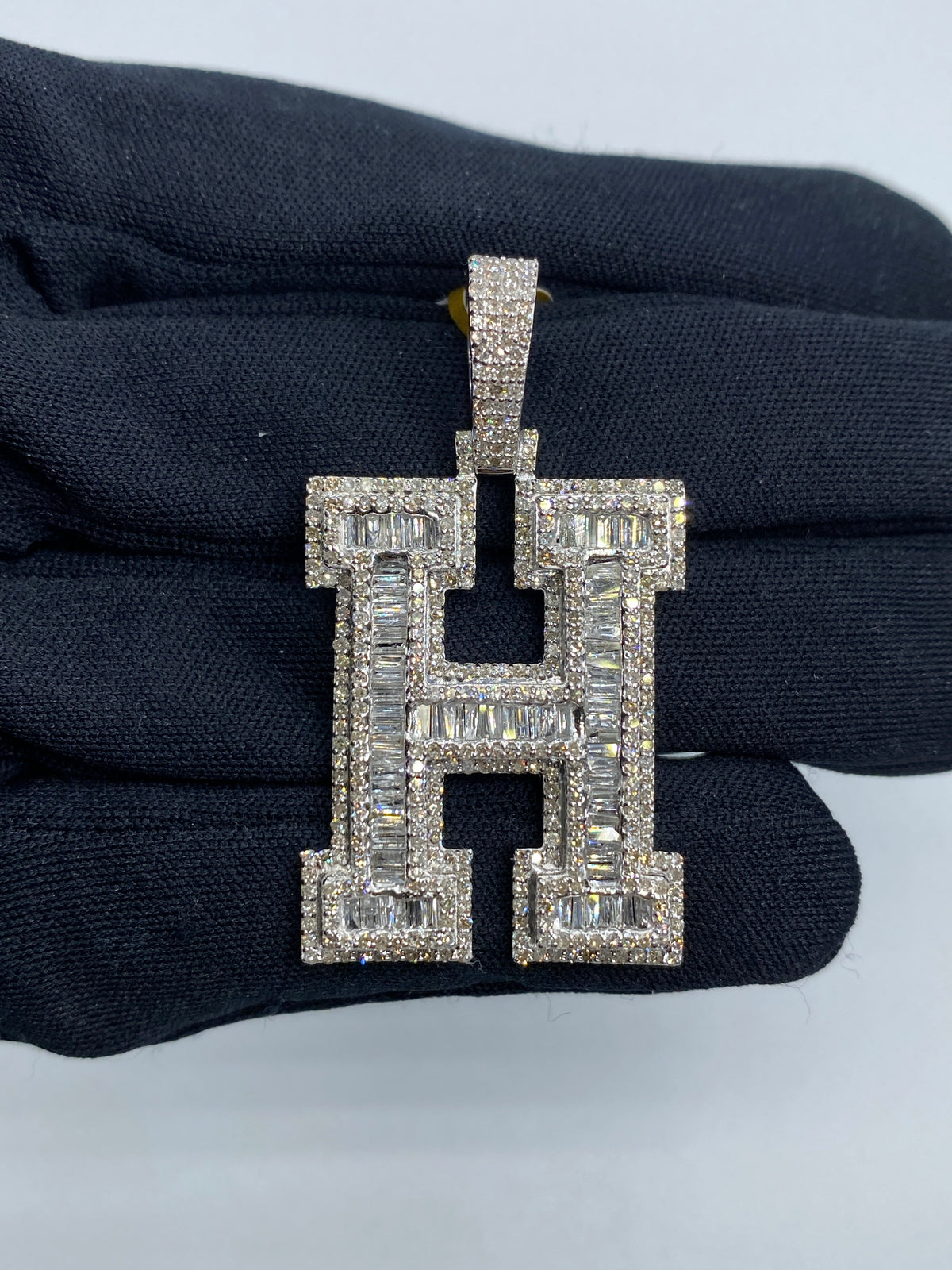 Initial H Baguette Diamond Pendant in white - close-up product photo