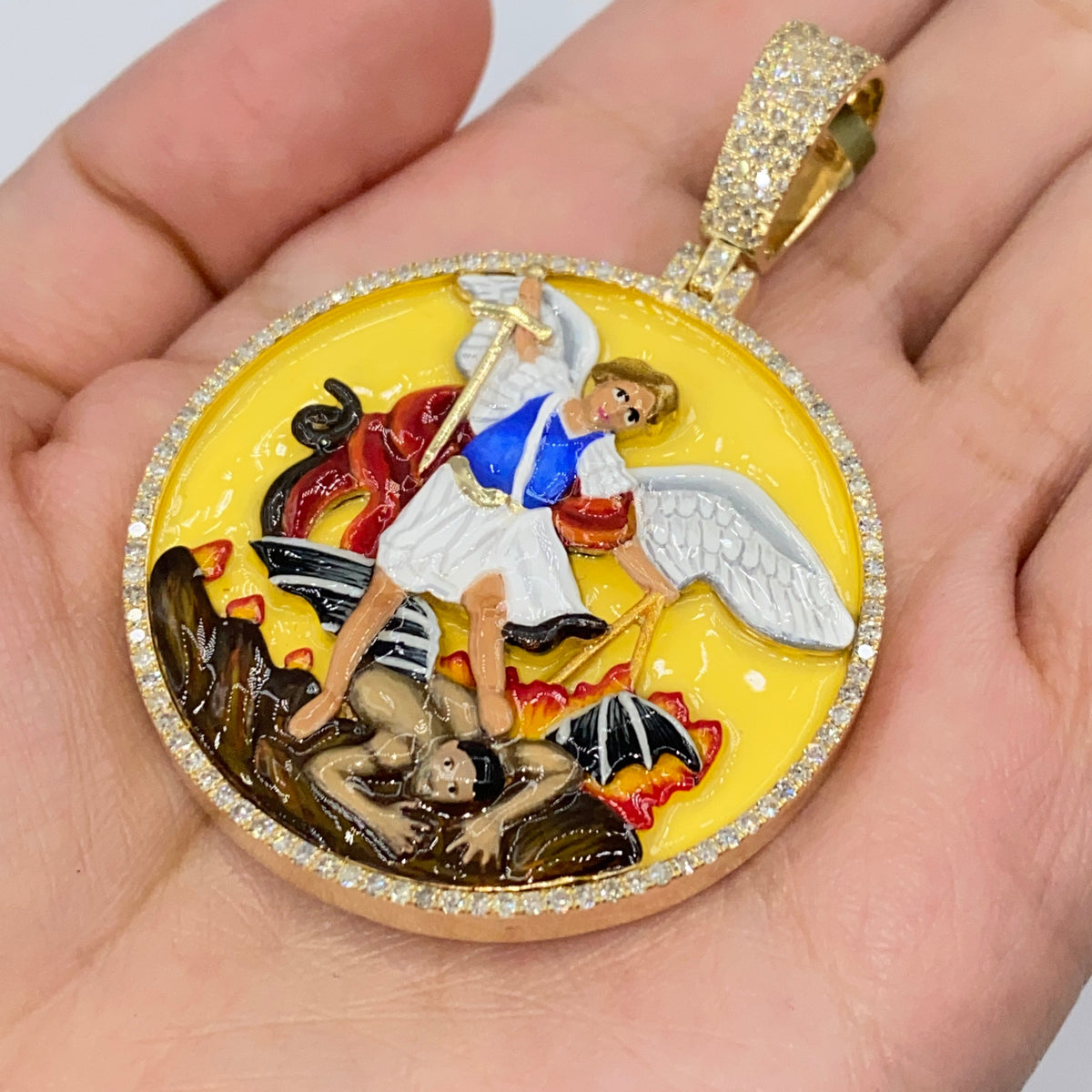 10K Gold Saint Michael Circle Enamel Diamond Pendant - additional product view 3