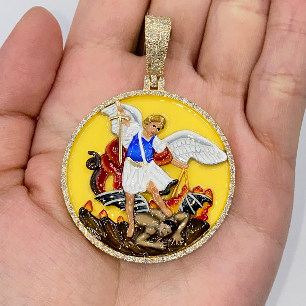 10K Gold Saint Michael Circle Enamel Diamond Pendant - additional product view 2