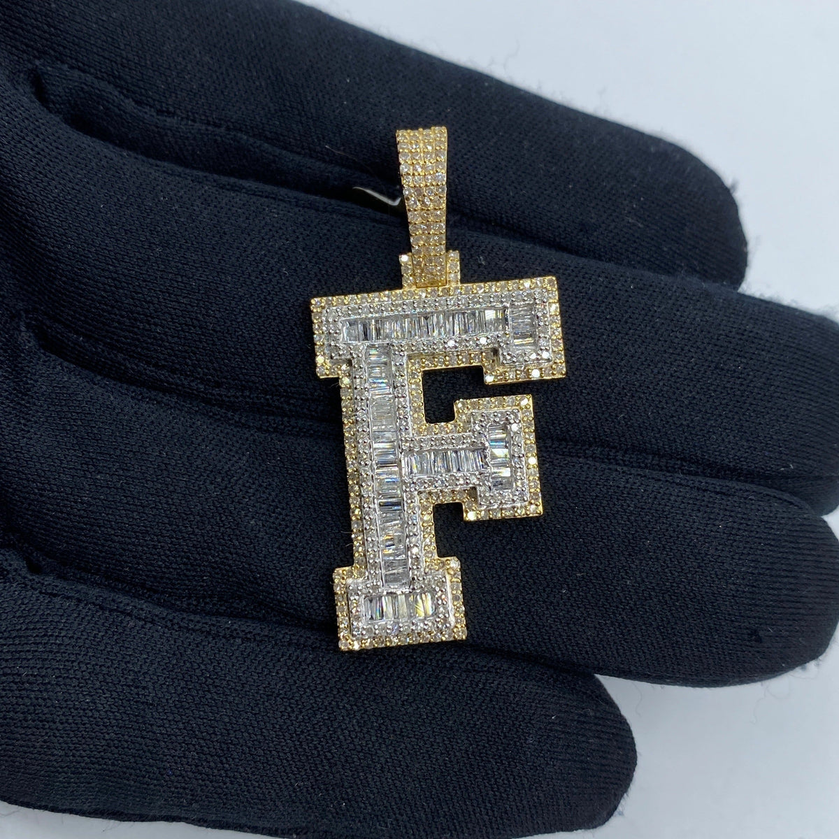 10K Gold Varsity Initial Letter Diamond Baguette Pendants Full Collection in yellow gold - close-up product photo