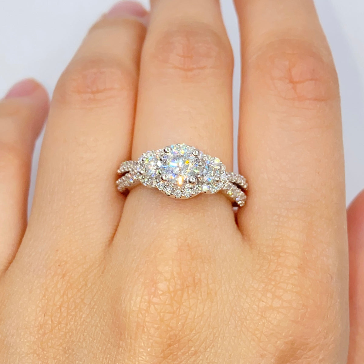 14K Gold Three Stone Halo Diamond Engagement Ring - additional product view 3
