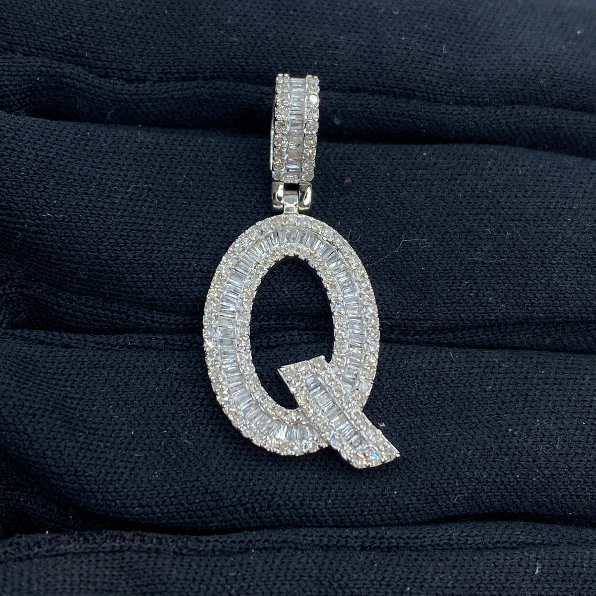14K Gold Bamboo Initial Letter Diamond Baguette Pendants Full Collection in white gold, Small - close-up product photo
