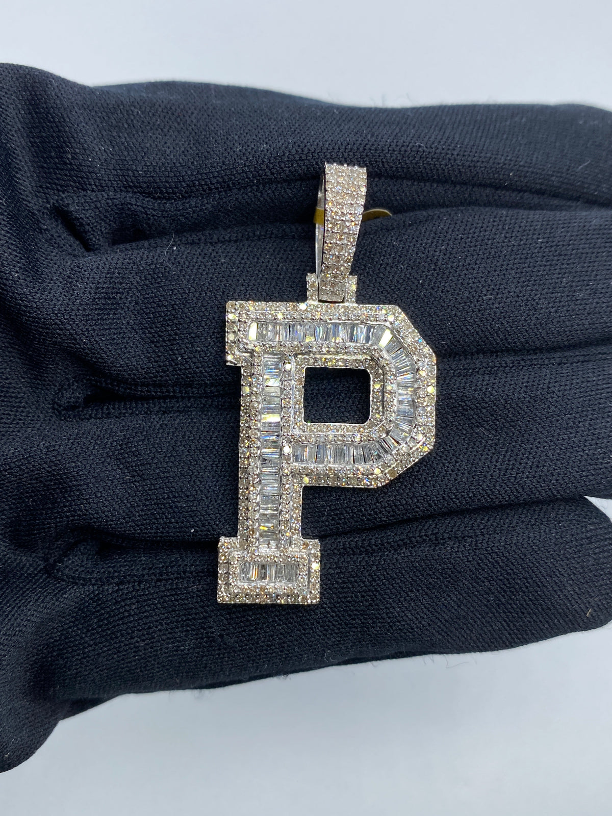 Initial P Baguette Diamond Pendant in white - close-up product photo