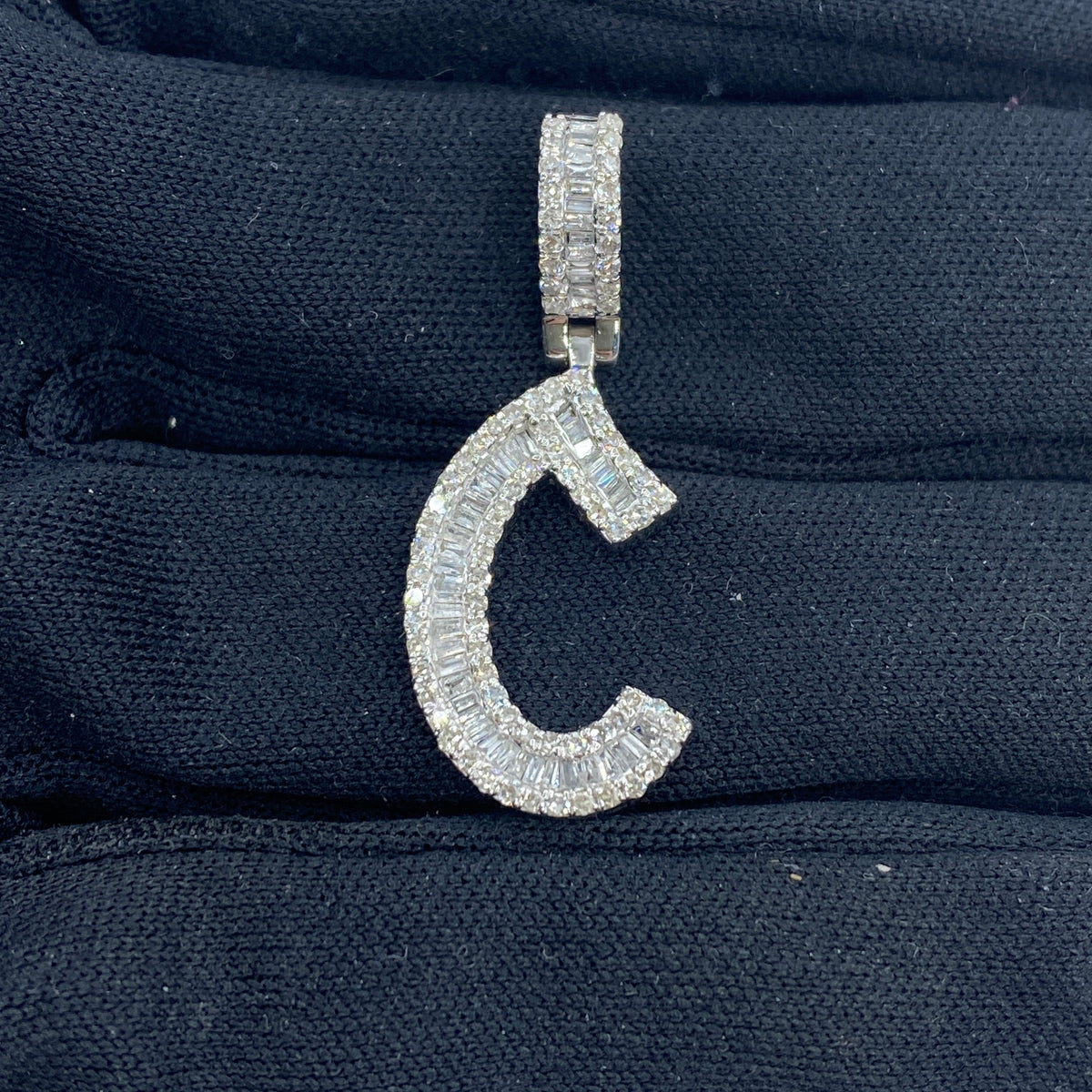 14K Gold Bamboo Initial Letter Diamond Baguette Pendants Full Collection in white gold, Small - close-up product photo