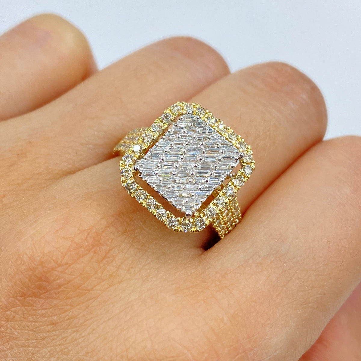 14K Gold Rain Box Halo Diamond Baguette Ring in yellow gold - close-up product photo