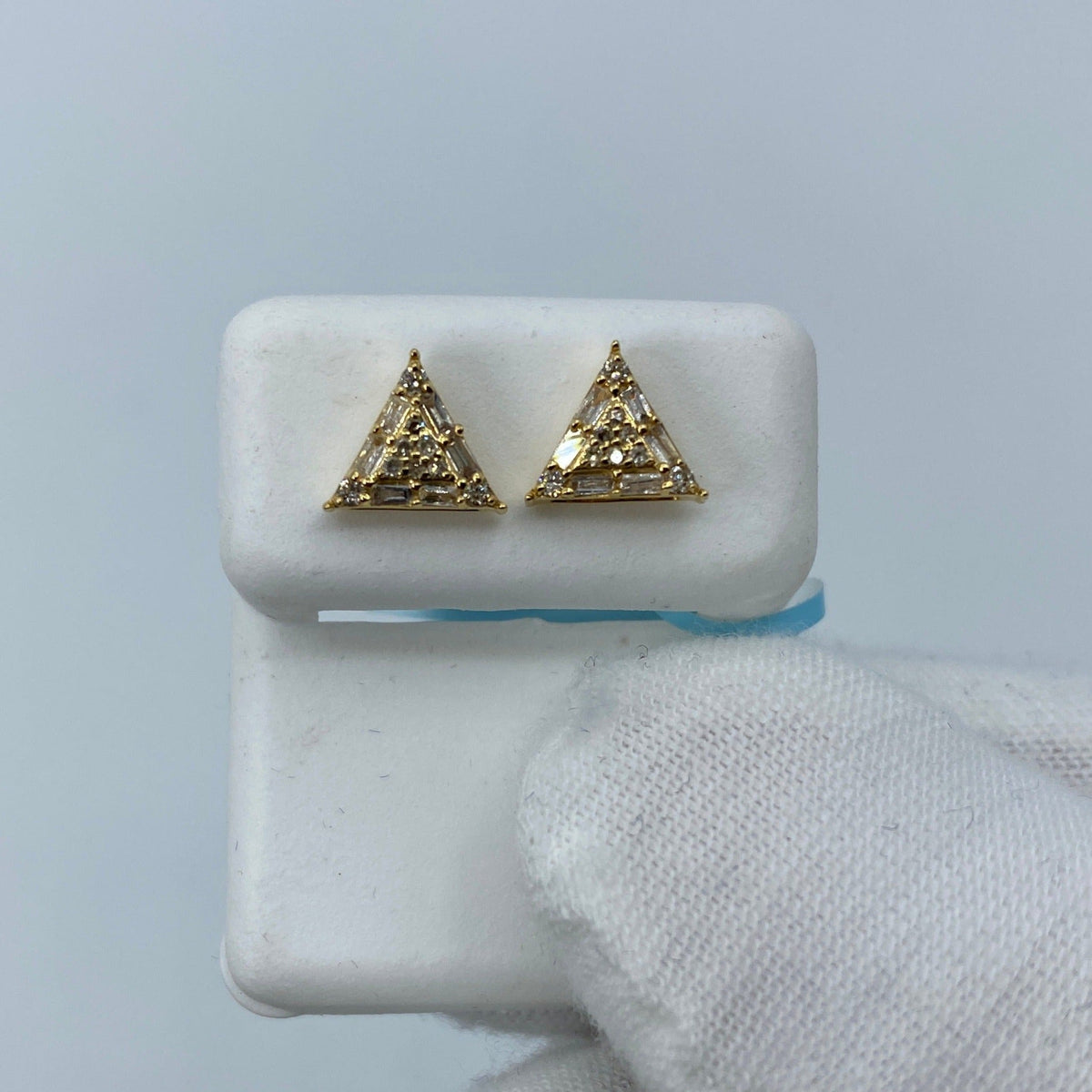 14K Gold Triangle Equilateral Diamond Baguette Earrings in yellow gold - close-up product photo