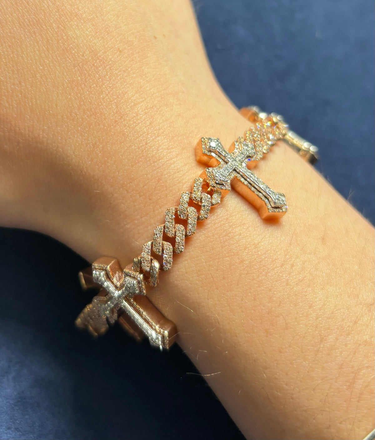 10K Gold Cuban Link Cross Diamond Bracelet in rose white - close-up product photo
