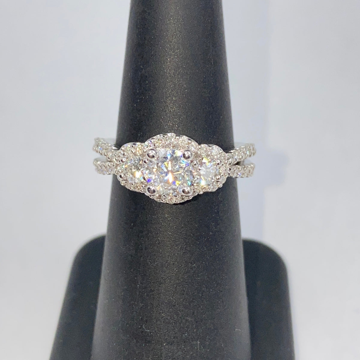 14K Gold Three Stone Halo Diamond Engagement Ring - additional product view 4