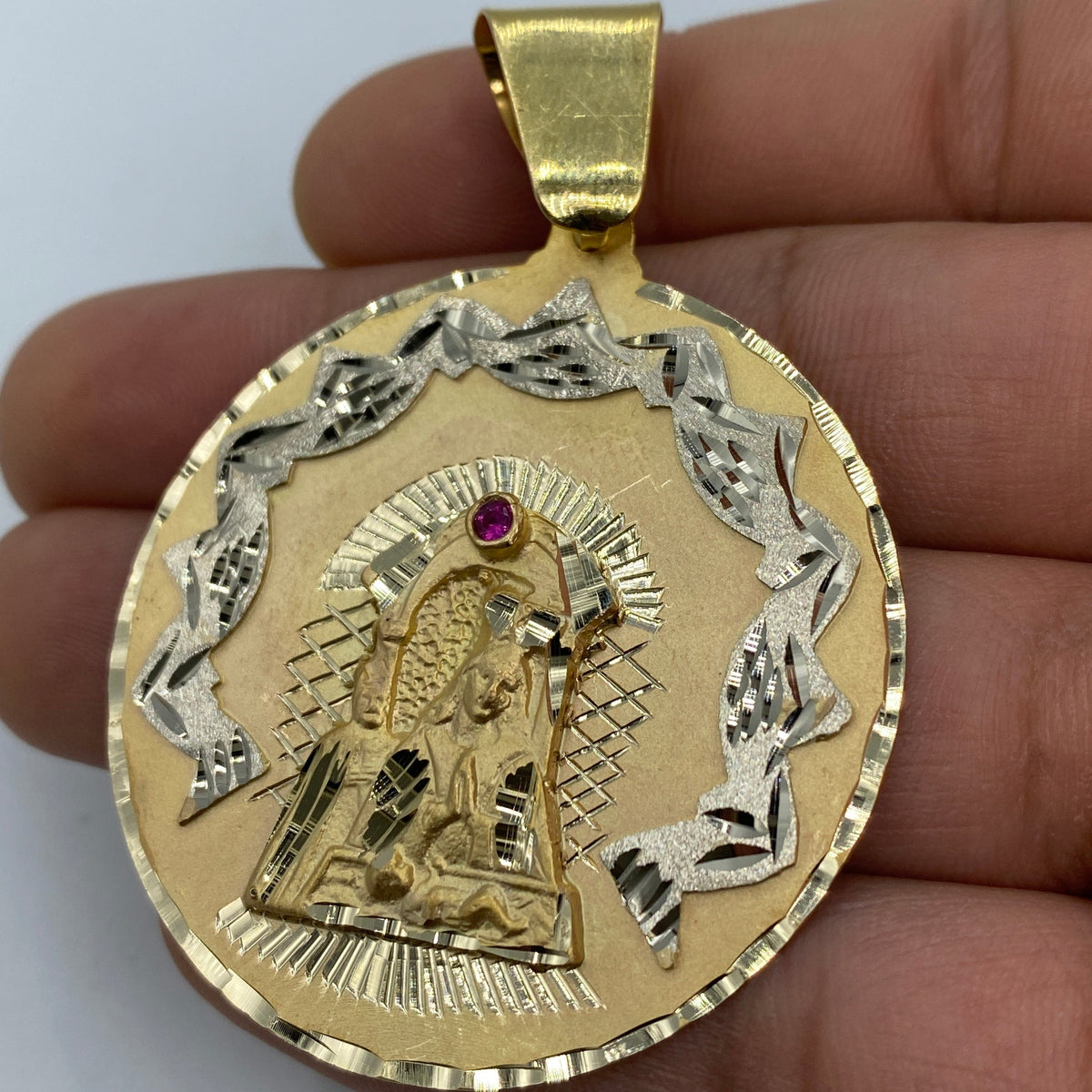 14K Gold Saint Caridad Del Cobre Round Medallion Pendant 2.5 in - additional product view 3