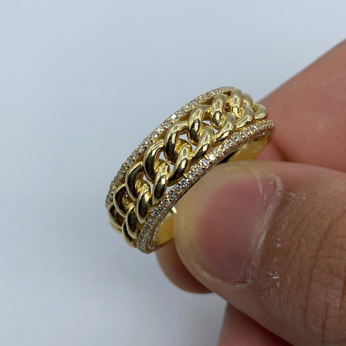 14K Gold 8mm Cuban Link Banded Diamond Ring in yellow gold - close-up product photo