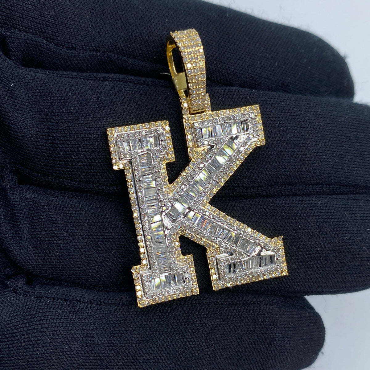 10K Gold Varsity Initial Letter Diamond Baguette Pendants Full Collection in yellow gold - close-up product photo