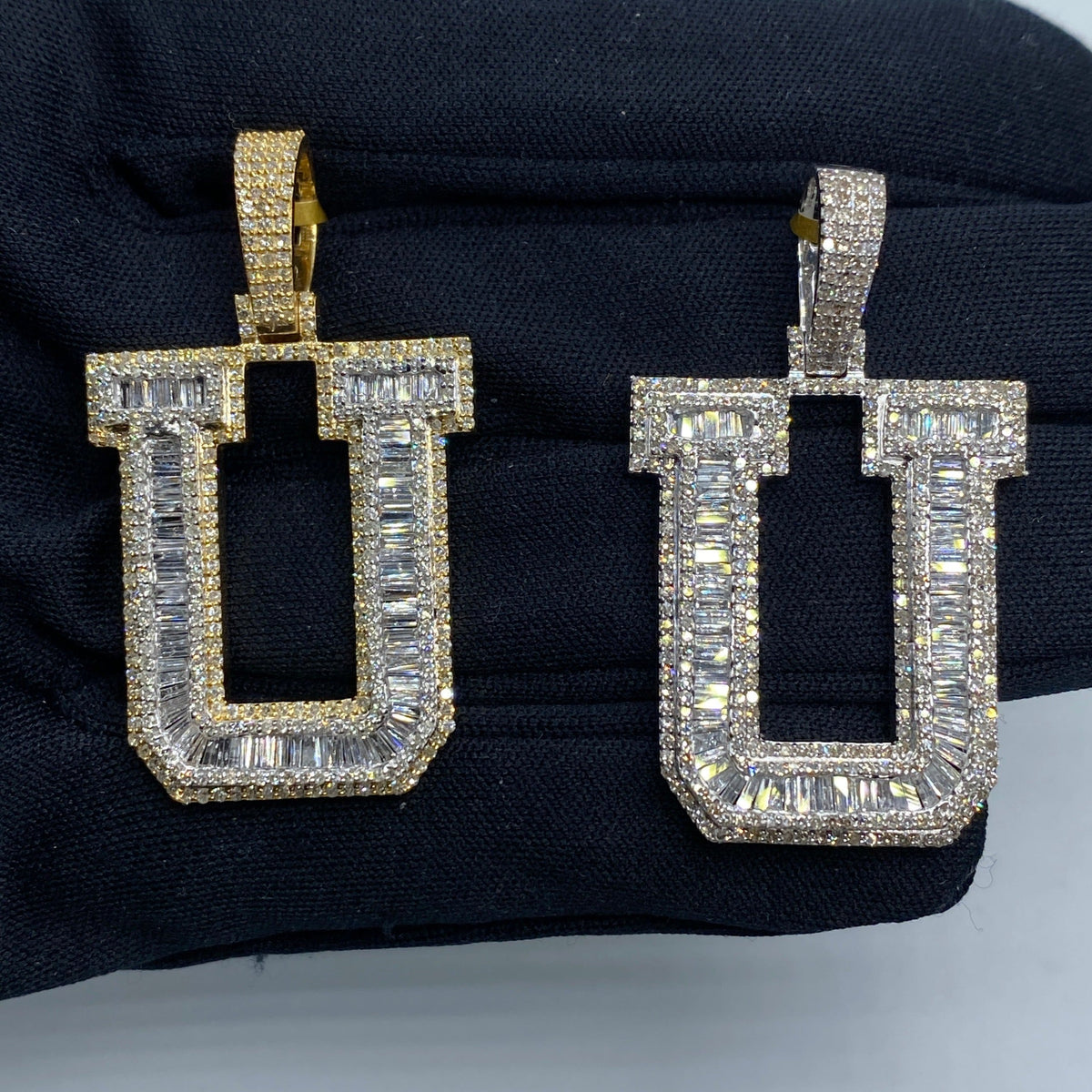 10K Gold Varsity Initial Letter Diamond Baguette Pendants Full Collection in yellow gold - close-up product photo