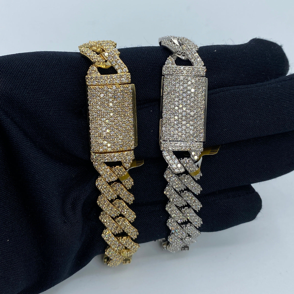 10K Gold 12mm Cuban Link Diamond Bracelet 7.5–8 in in white gold, 7.5" - close-up product photo