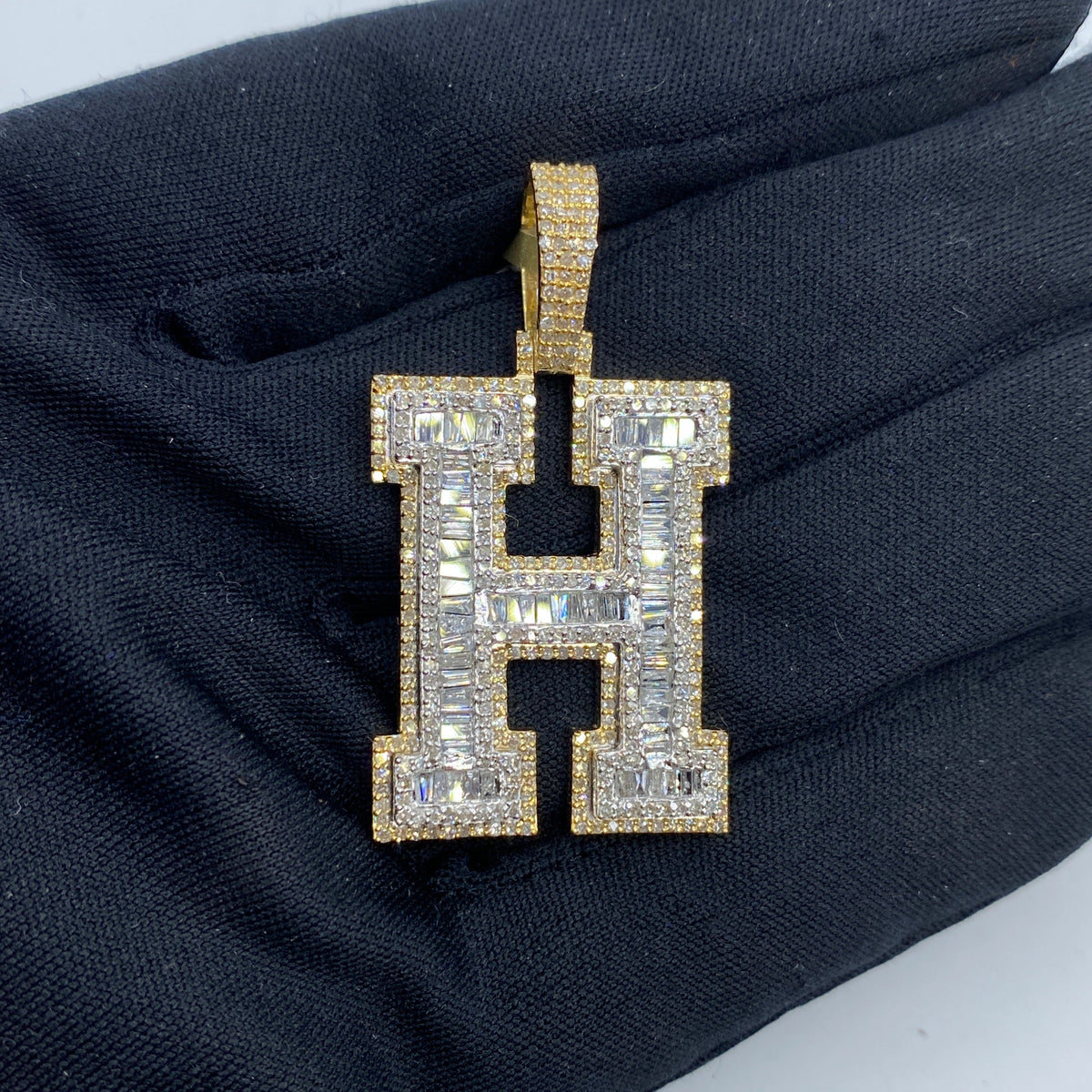 10K Gold Varsity Initial Letter Diamond Baguette Pendants Full Collection in yellow gold - close-up product photo