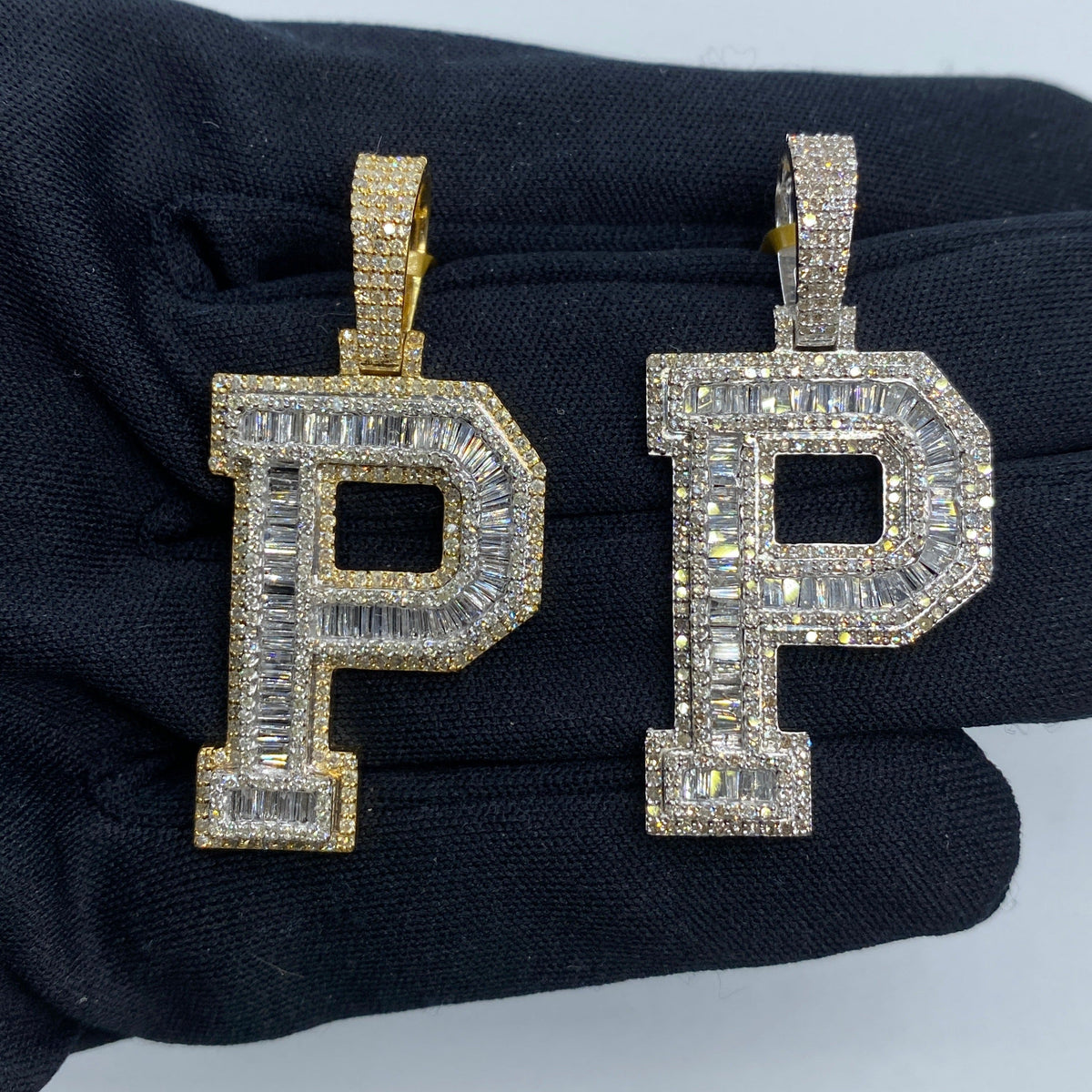 10K Gold Varsity Initial Letter Diamond Baguette Pendants Full Collection in yellow gold - close-up product photo
