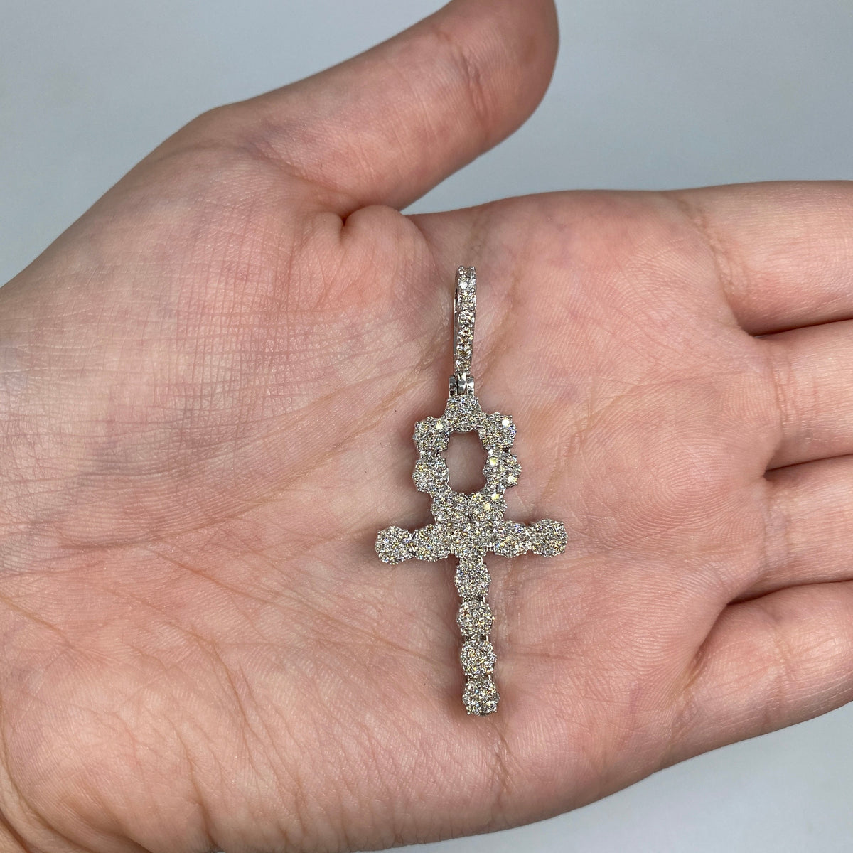 14K Gold Ankh Cross Diamond Pendant in white gold, Medium - close-up product photo