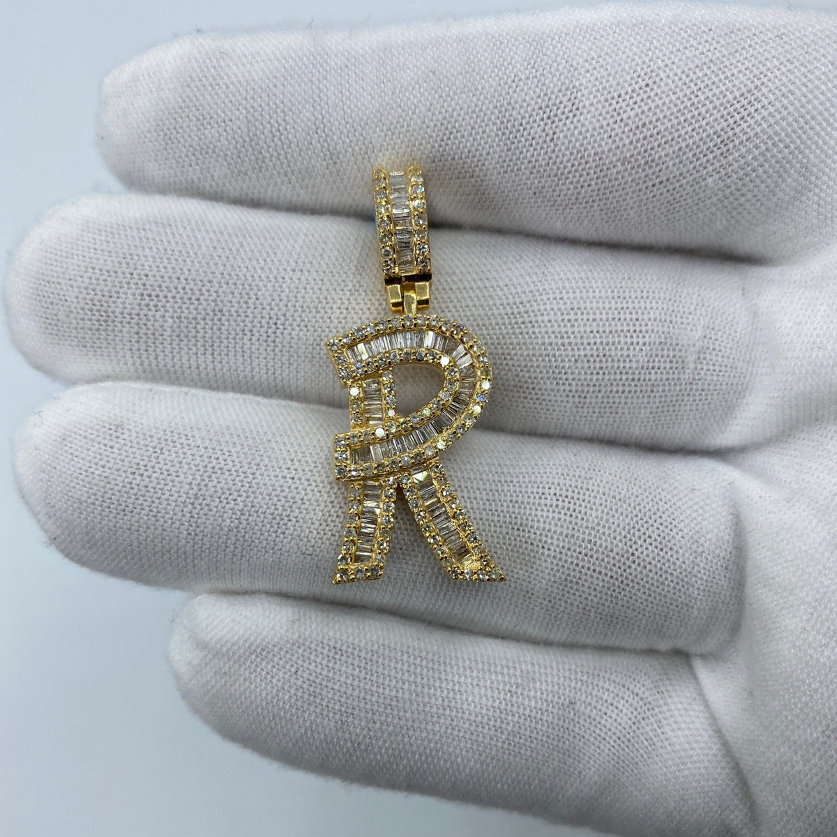 14K Gold Initial R Diamond Baguette Pendant in yellow gold, Large - close-up product photo