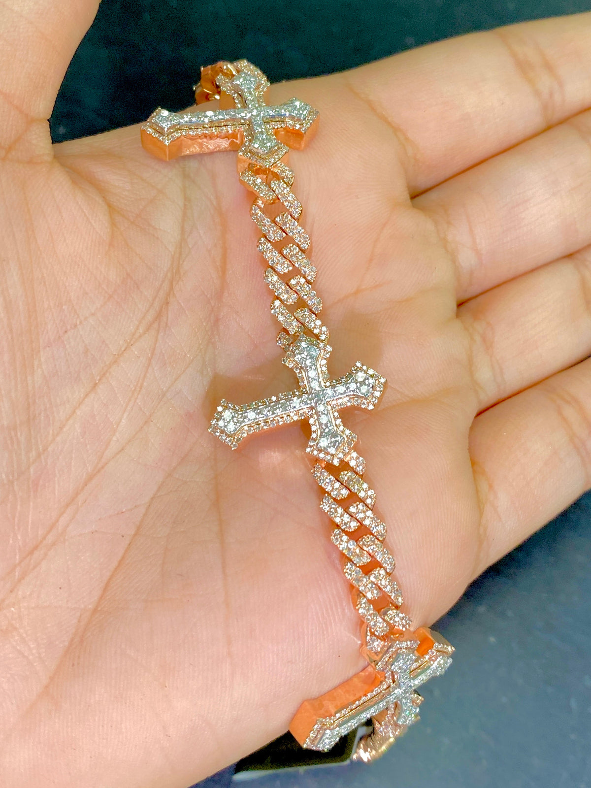 10K Gold Cuban Trefoil Cross Diamond Bracelet in rose gold - close-up product photo