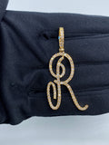 14K Gold Initial R Large Script Diamond Pendant in yellow gold - close-up product photo