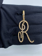 14K Gold Initial R Large Script Diamond Pendant in yellow gold - close-up product photo